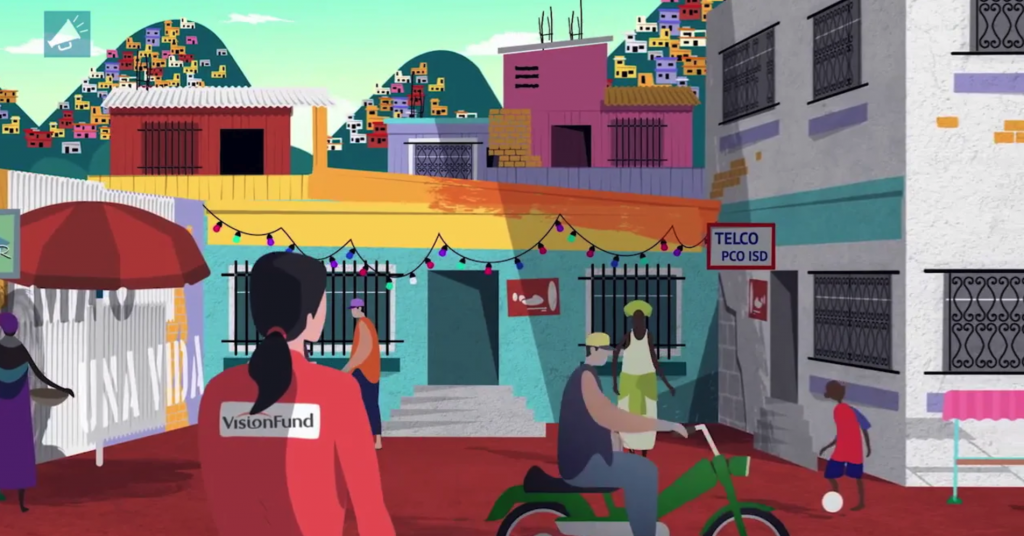 World Vision animation- colourful animation of a town with a women in the forefront of the shot